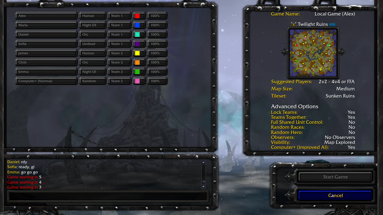 An eight-player Local Area Network lobby on Twilight Ruins counting down to start