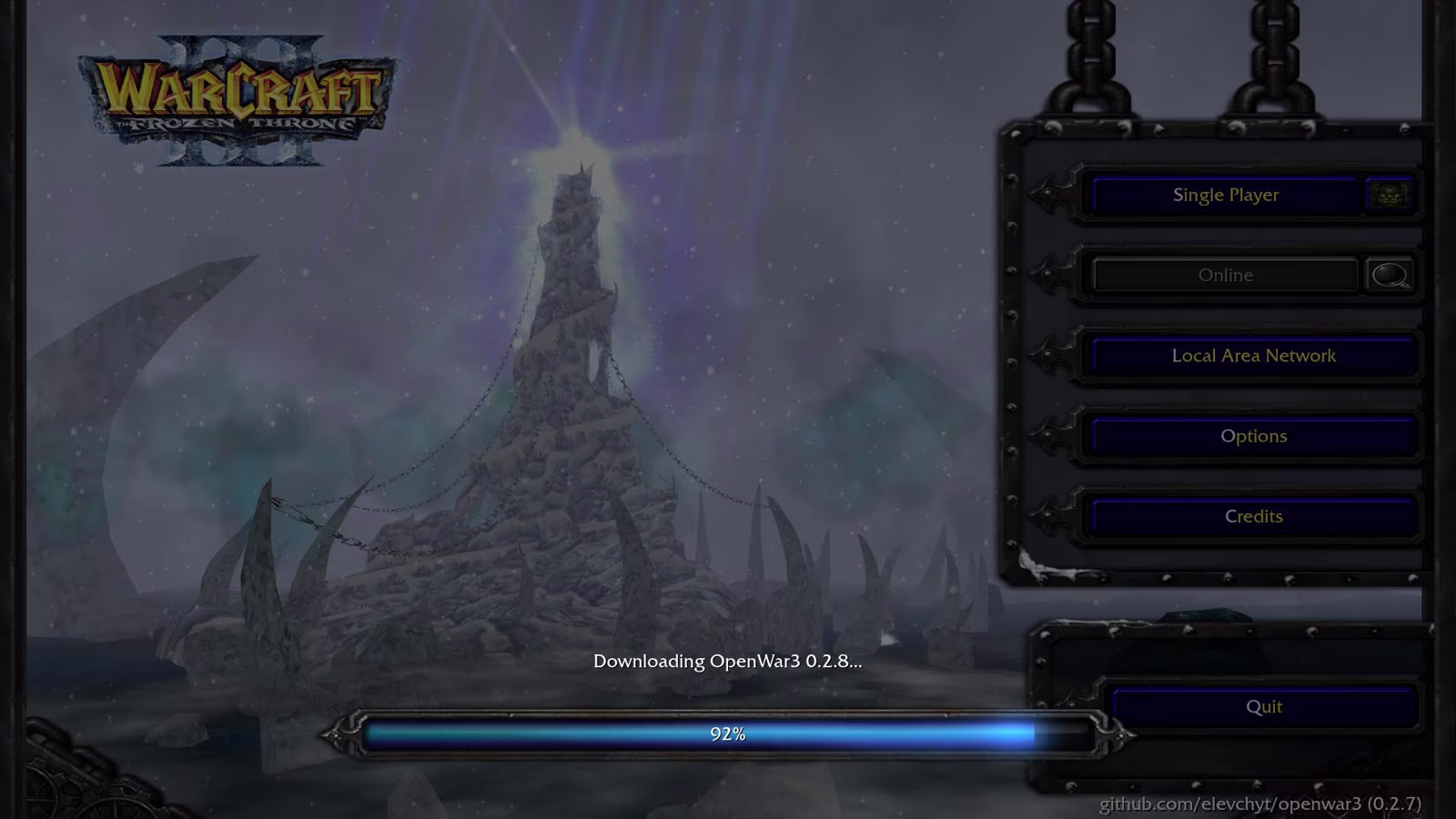 The OpenWar3 main menu downloading an update